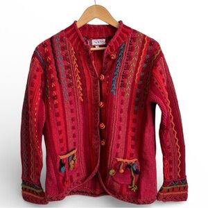 NEWARI Hand Knit in Nepal Wool Cardigan Sweater Boho S/M